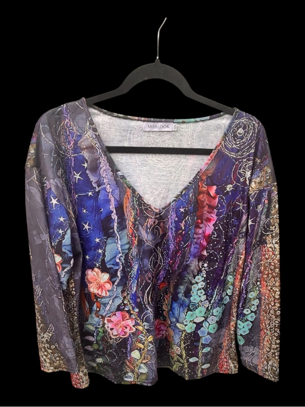 MISSLOOK V-Neck Floral & Star Print Top — Blue, Purple, Pink 2X #mystic